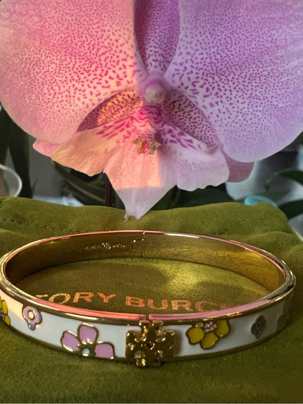 Tory Burch Gold-Tone White Enamel Bracelet with Yellow and Pink Floral Accents